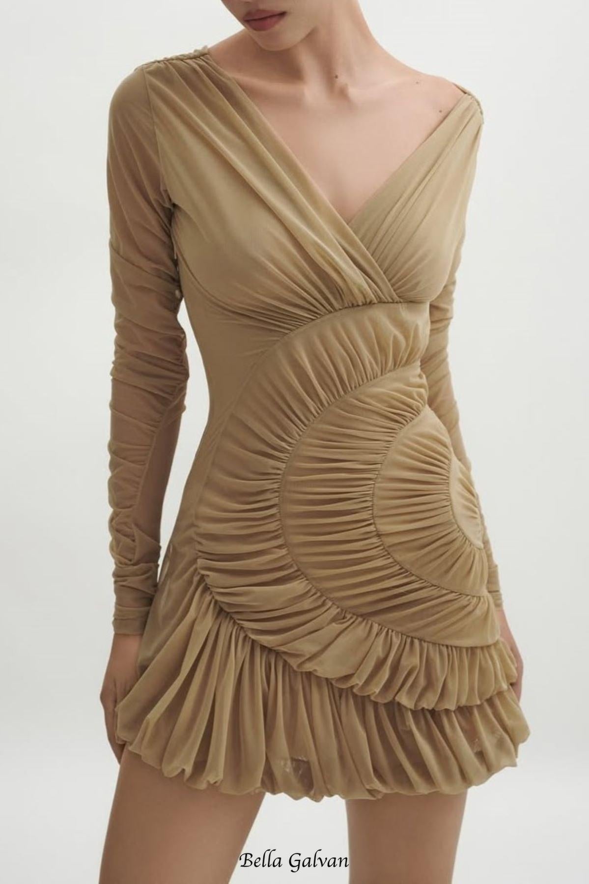 Lyre Mesh Shirred Mini Dress