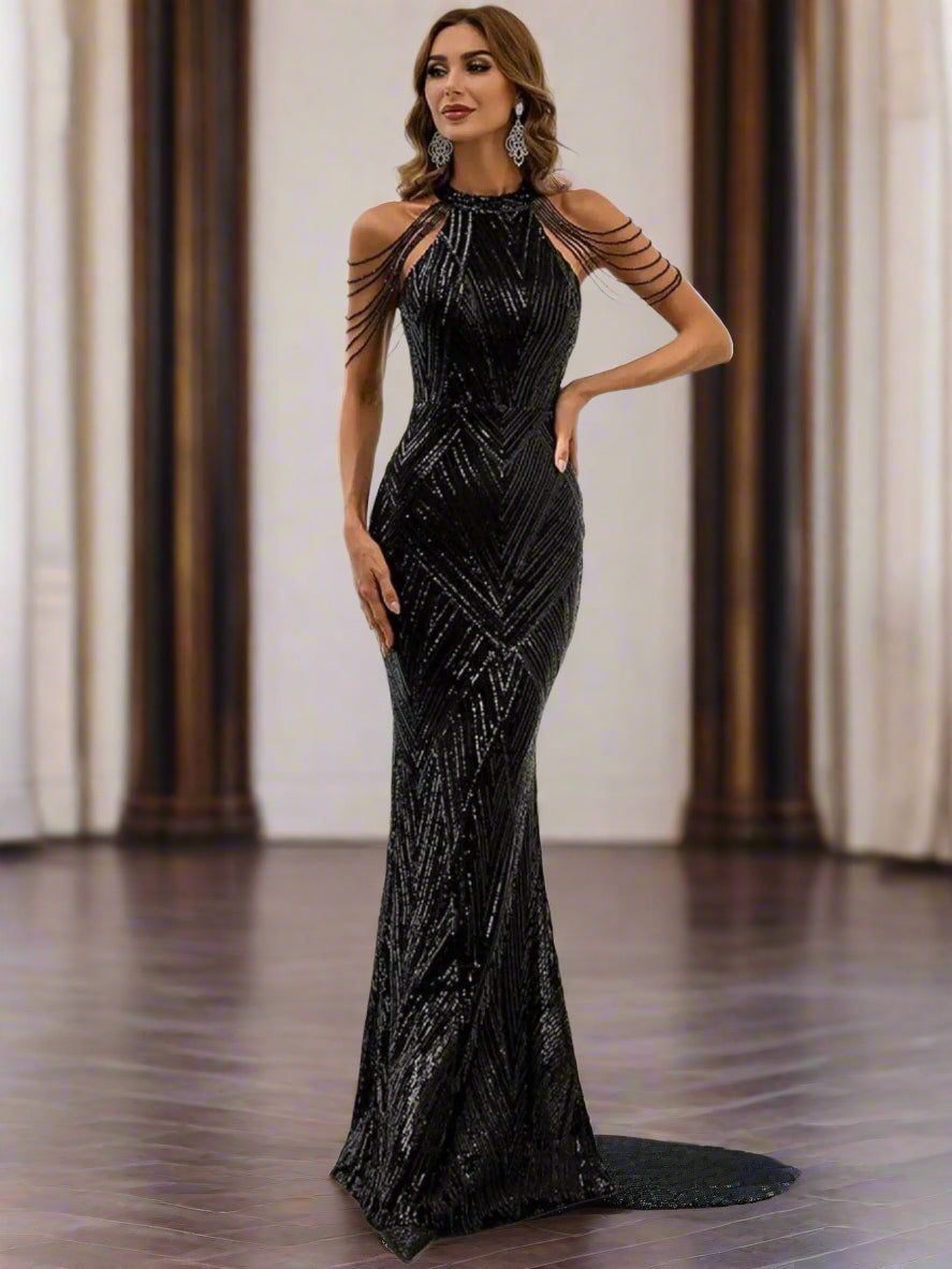 Flowering Girl Women Geometric Sequin Chain Mermaid Prom Dress