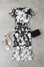 Black & White Floral Lace Midi Dress With Puff Sleeves