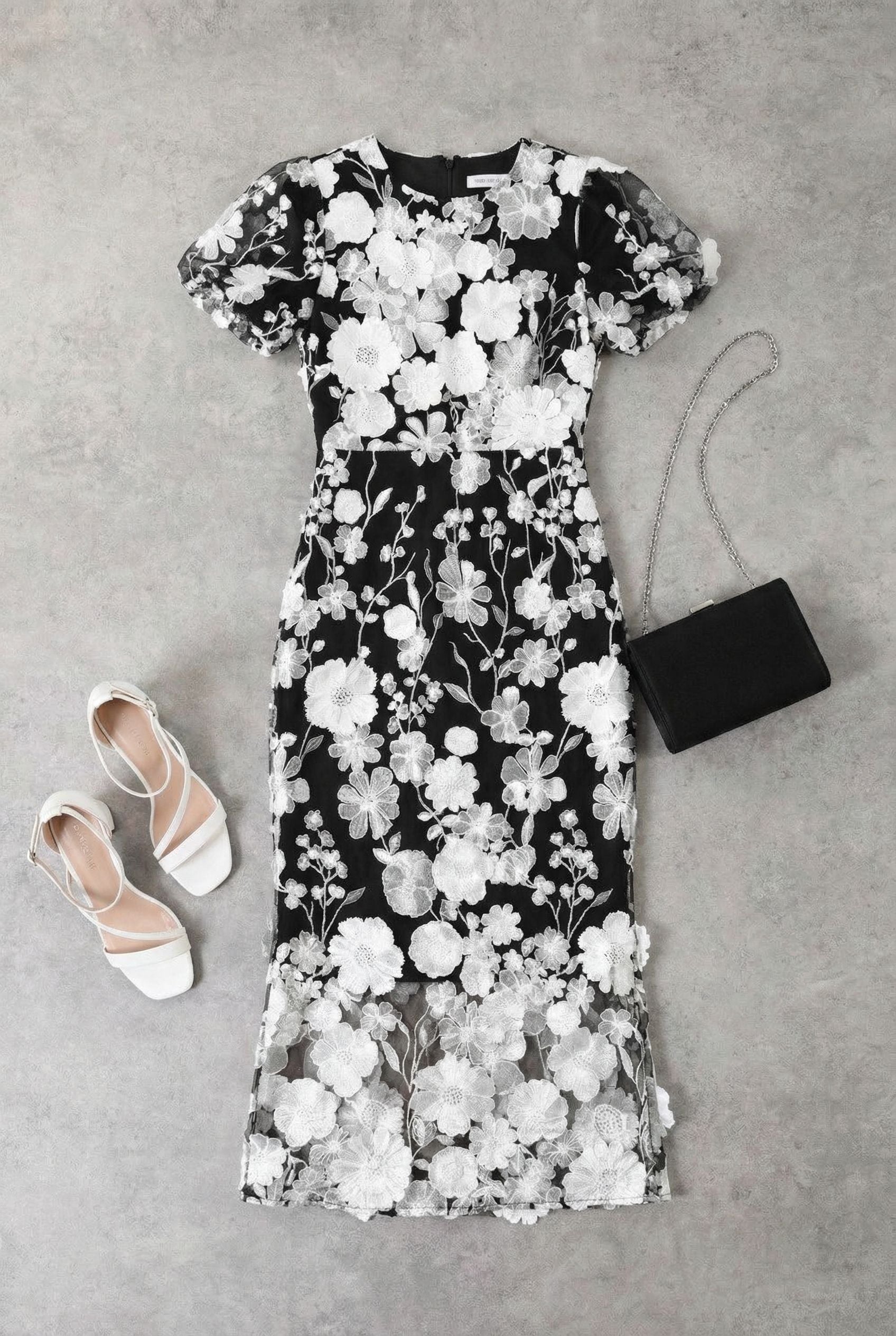 Black & White Floral Lace Midi Dress With Puff Sleeves