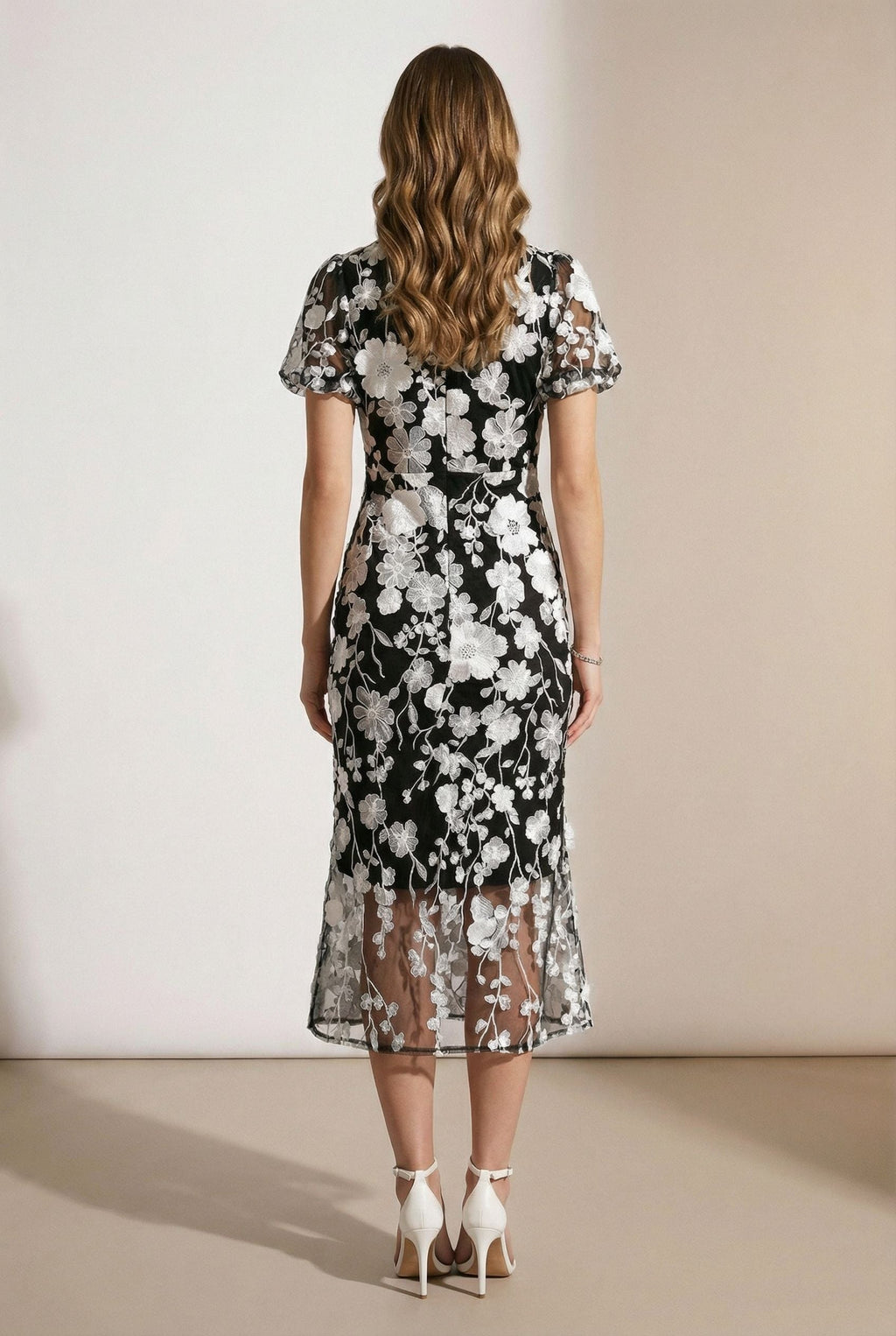 Black & White Floral Lace Midi Dress With Puff Sleeves
