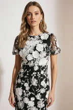 Black & White Floral Lace Midi Dress With Puff Sleeves