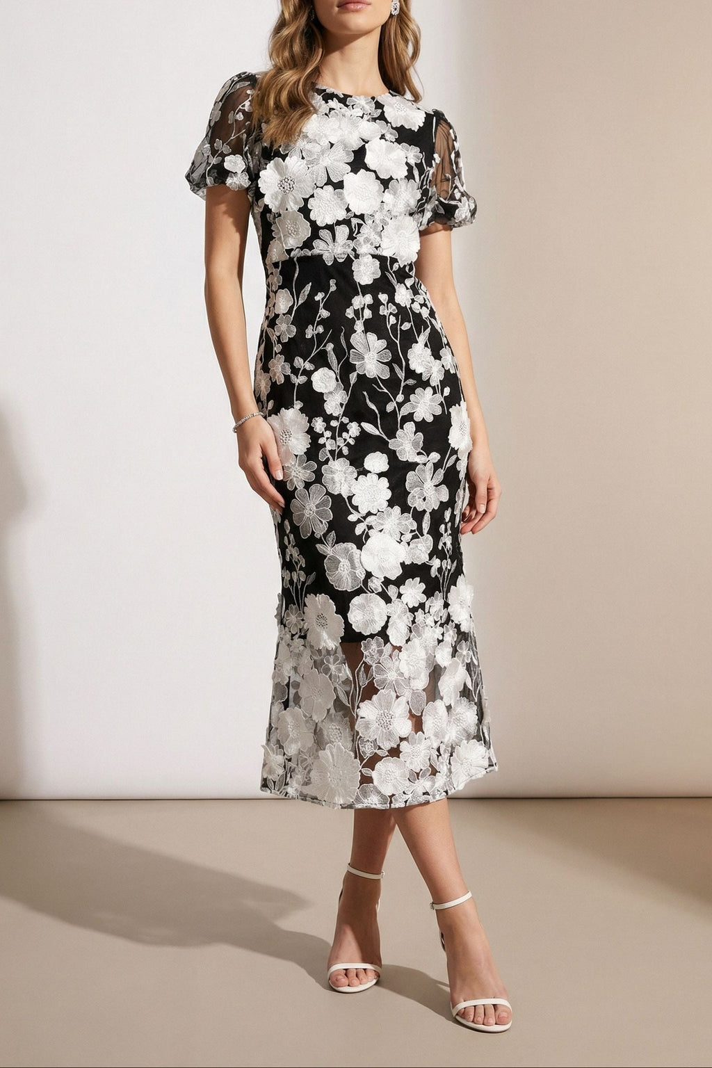 Black & White Floral Lace Midi Dress With Puff Sleeves