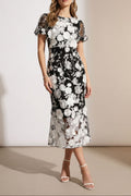 Black & White Floral Lace Midi Dress With Puff Sleeves