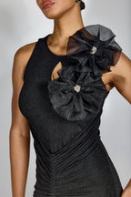 nicola Flower bow pleated bodycon maxi dress in black