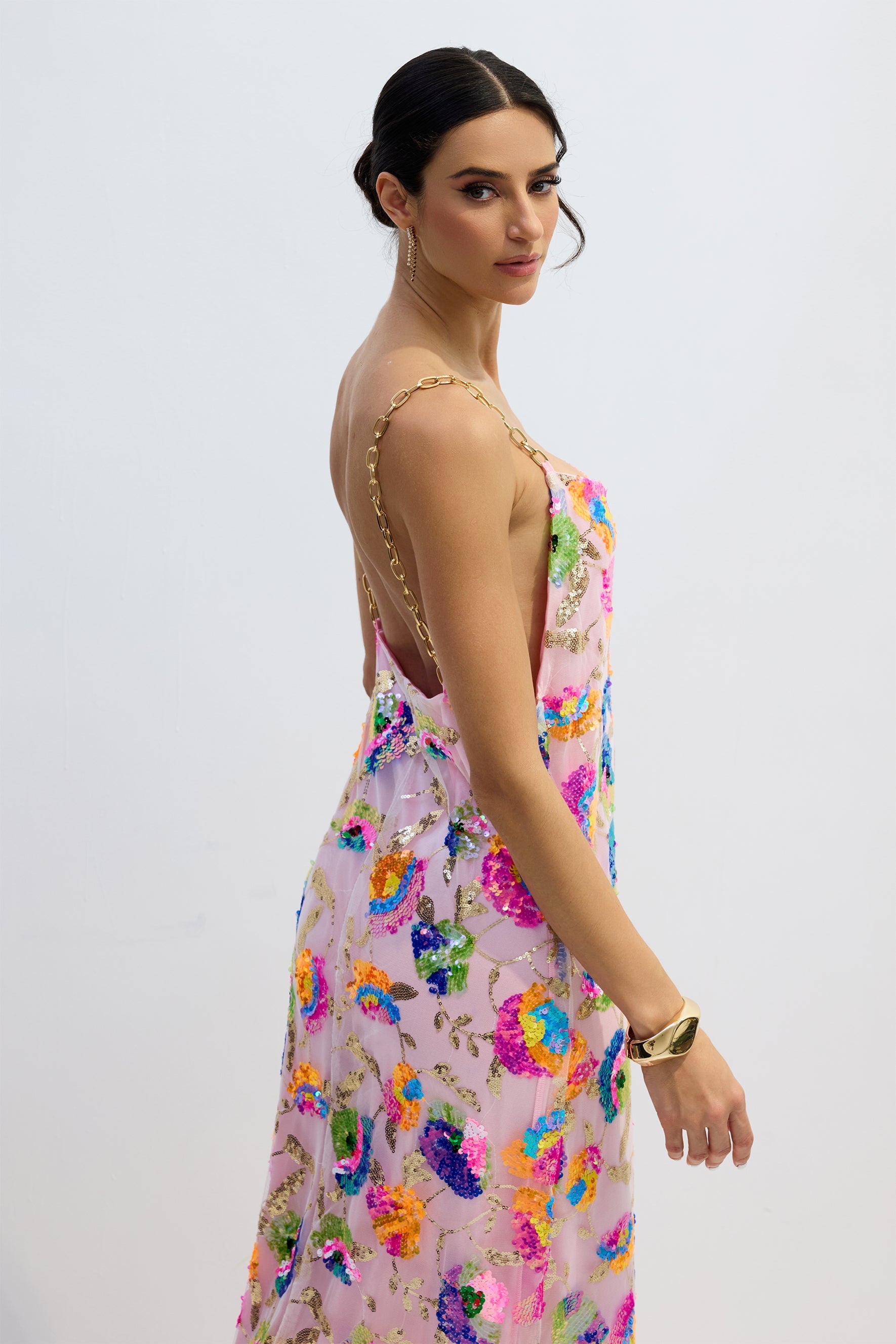 Fanny Embroidered Sequins Backless Maxi Dress