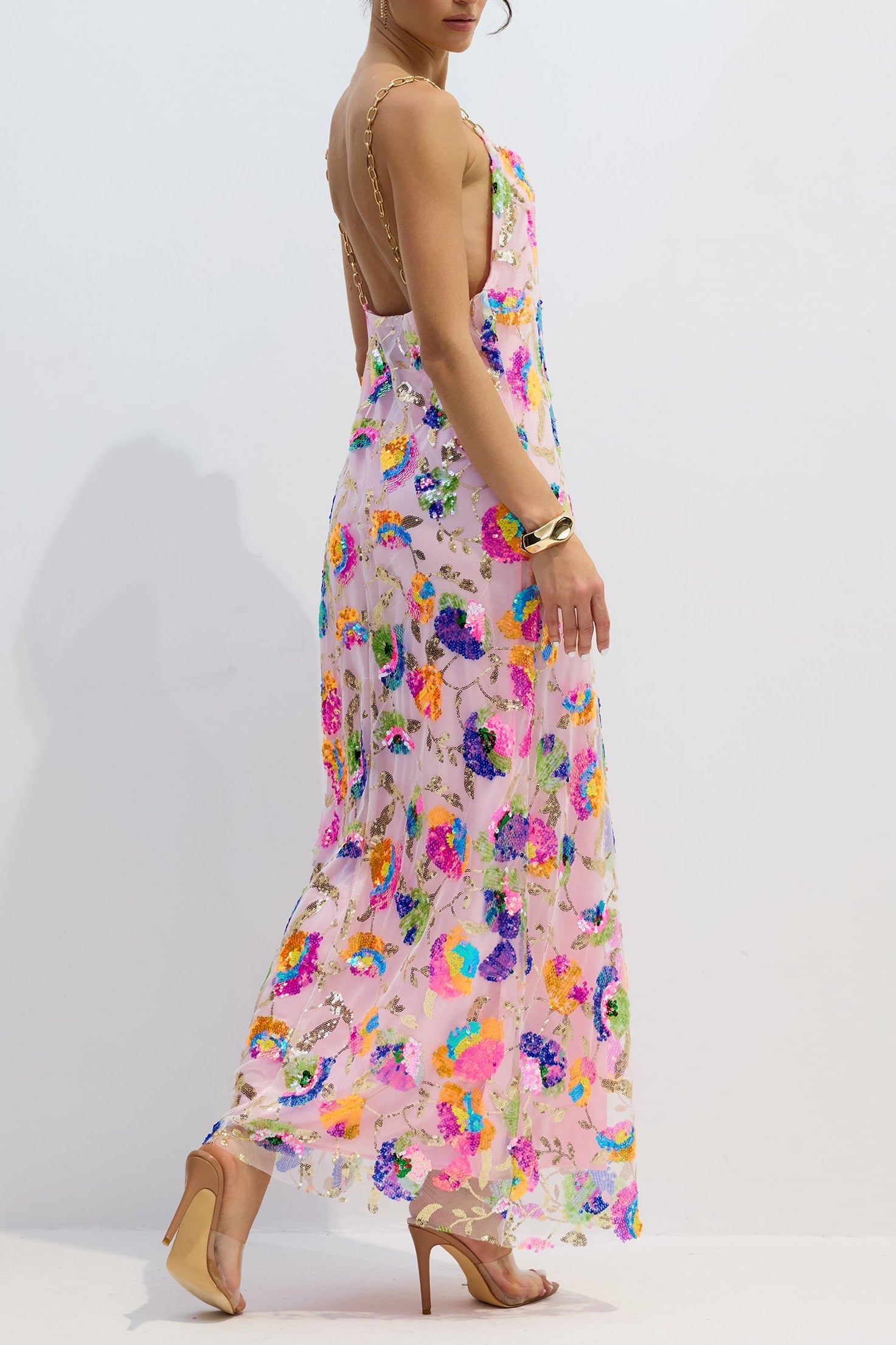 Fanny Embroidered Sequins Backless Maxi Dress