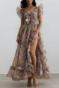 Butterfly Print Ruffle Chiffon Maxi Dress