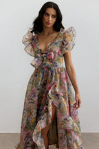 Butterfly Print Ruffle Chiffon Maxi Dress