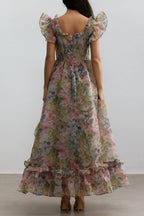 Butterfly Print Ruffle Chiffon Maxi Dress