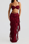 Flowering Girl Women crafted rope crop top lace skirt set in burgundy