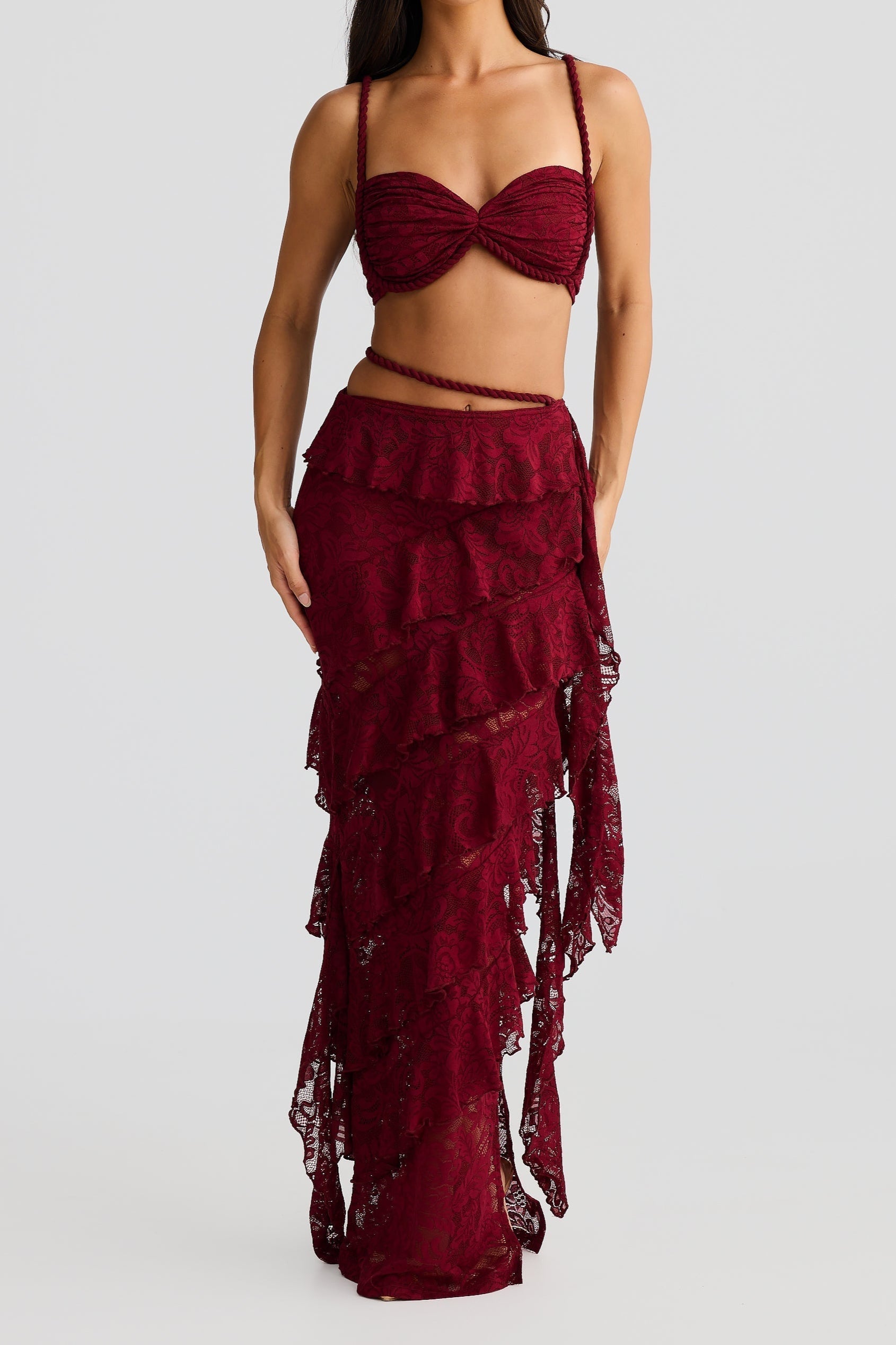 Flowering Girl Women crafted rope crop top lace skirt set in burgundy