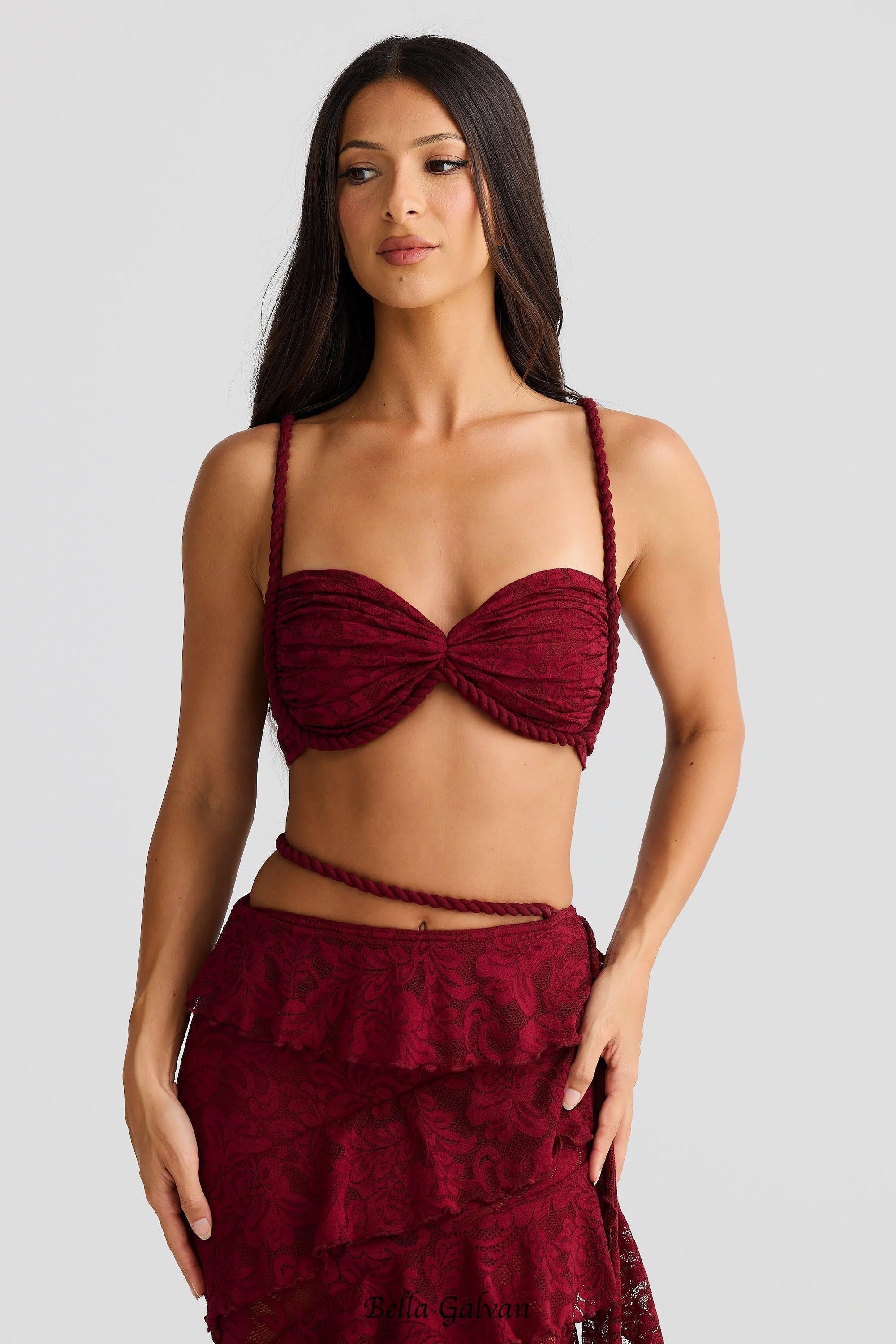 Flowering Girl Women crafted rope crop top lace skirt set in burgundy