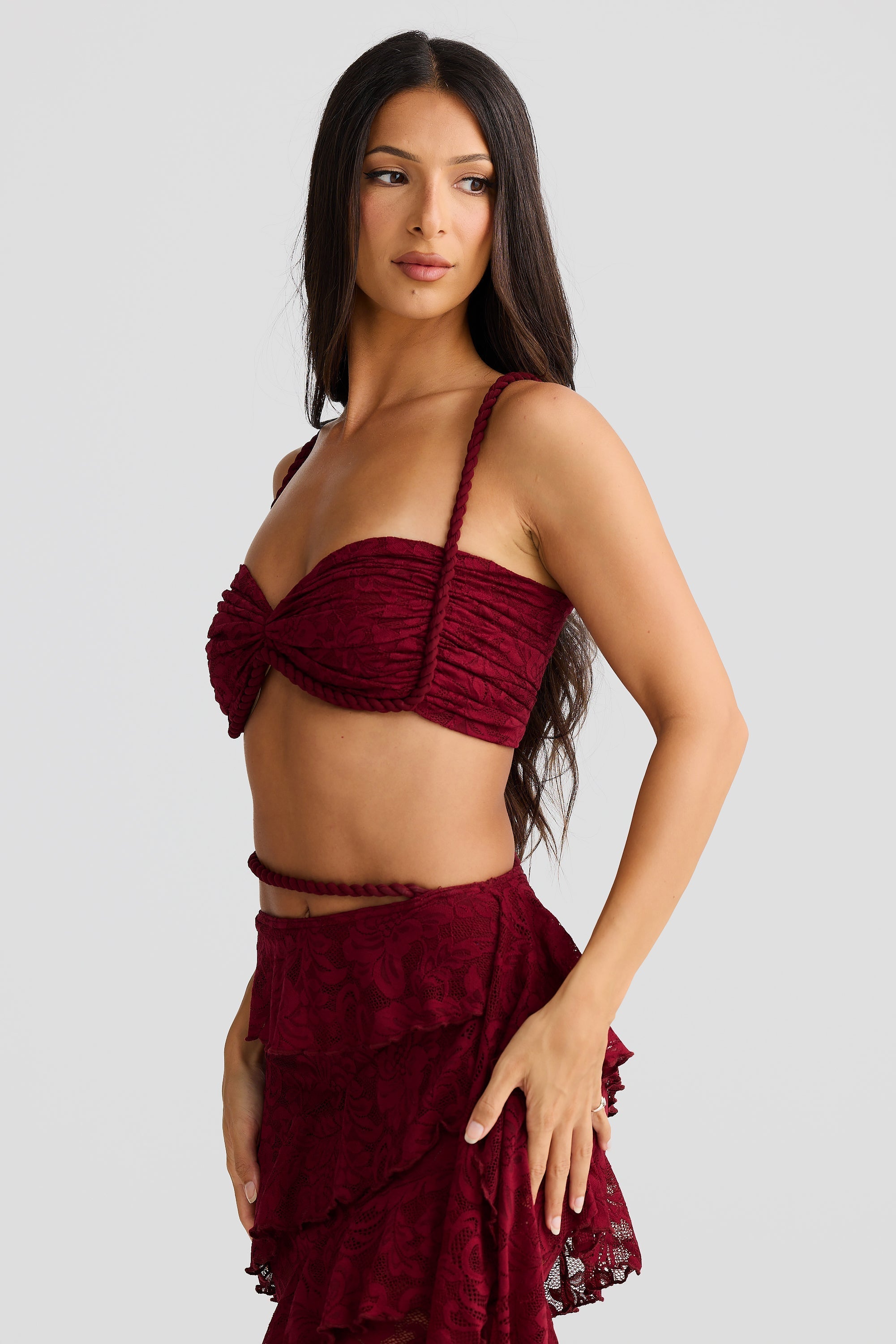 Flowering Girl Women crafted rope crop top lace skirt set in burgundy