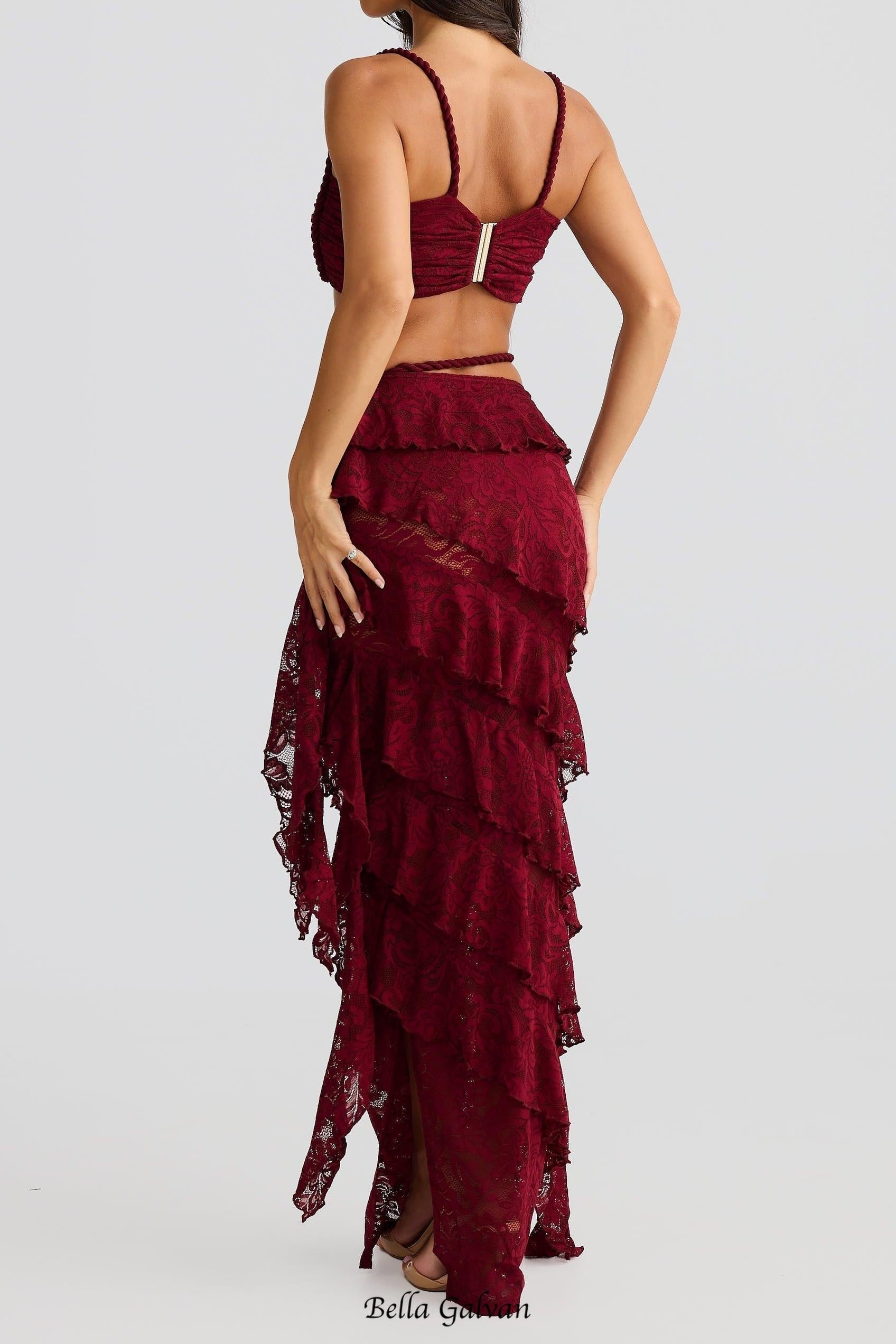 Flowering Girl Women crafted rope crop top lace skirt set in burgundy