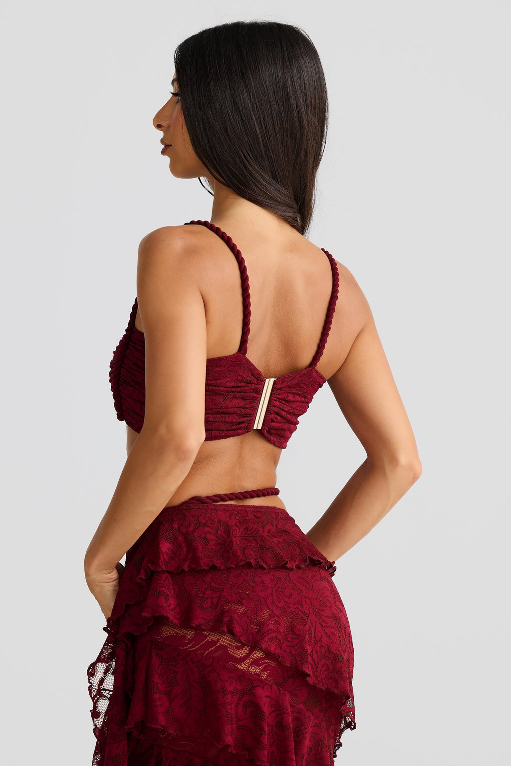 Flowering Girl Women crafted rope crop top lace skirt set in burgundy