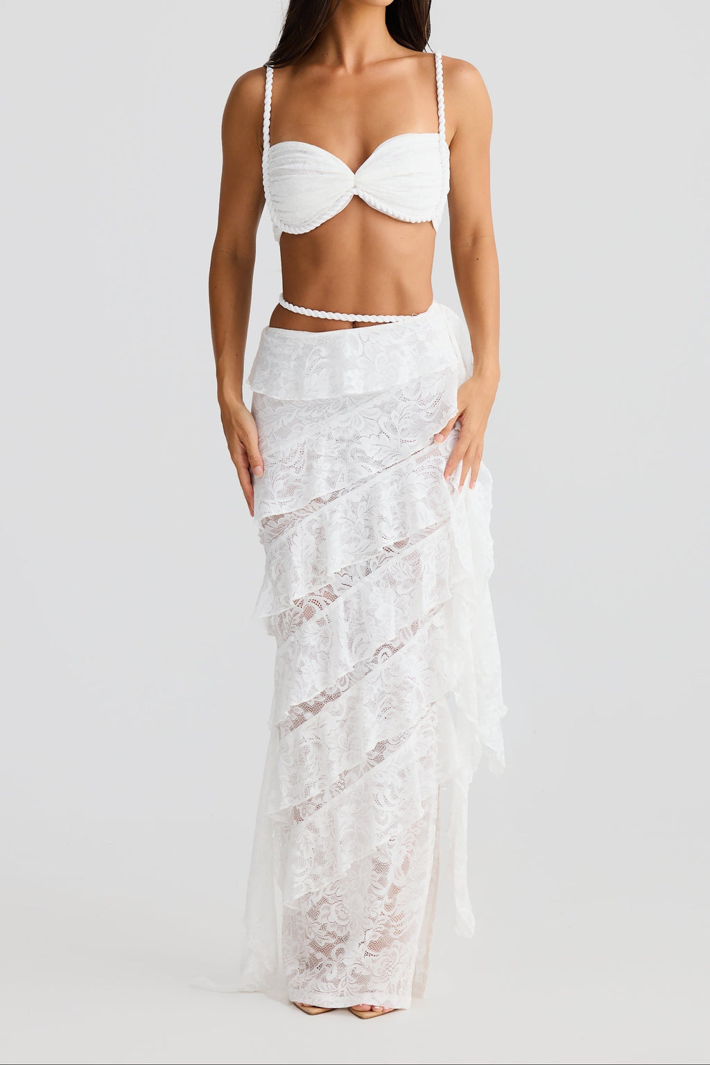 Flowering Girl Women crafted rope crop top lace skirt set in white