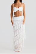 Flowering Girl Women crafted rope crop top lace skirt set in white