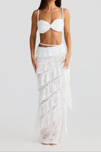 Flowering Girl Women crafted rope crop top lace skirt set in white