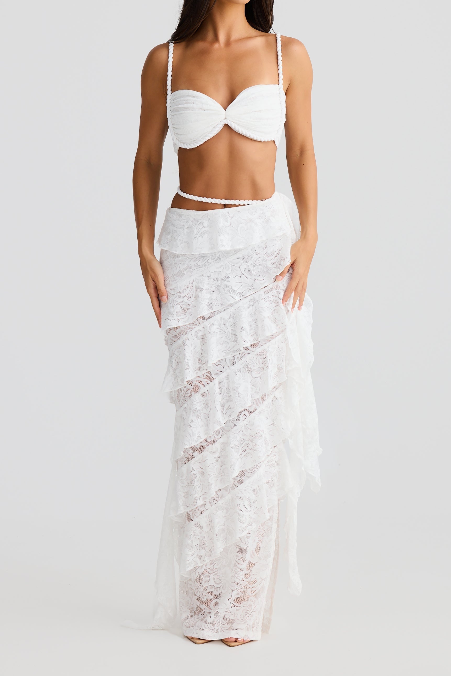 Flowering Girl Women crafted rope crop top lace skirt set in white