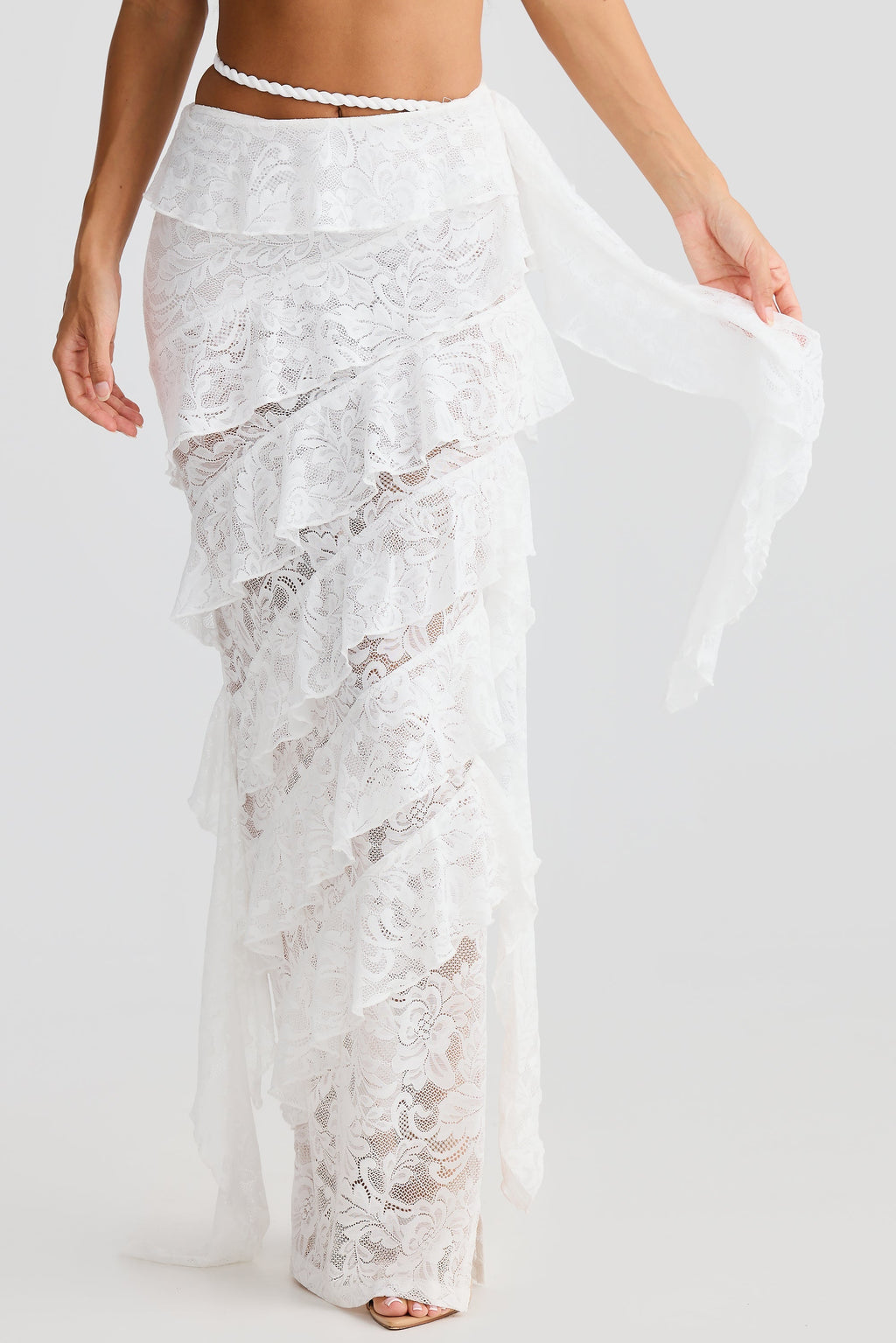 Flowering Girl Women crafted rope crop top lace skirt set in white