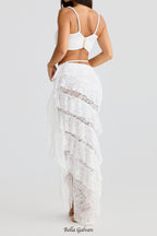 Flowering Girl Women crafted rope crop top lace skirt set in white