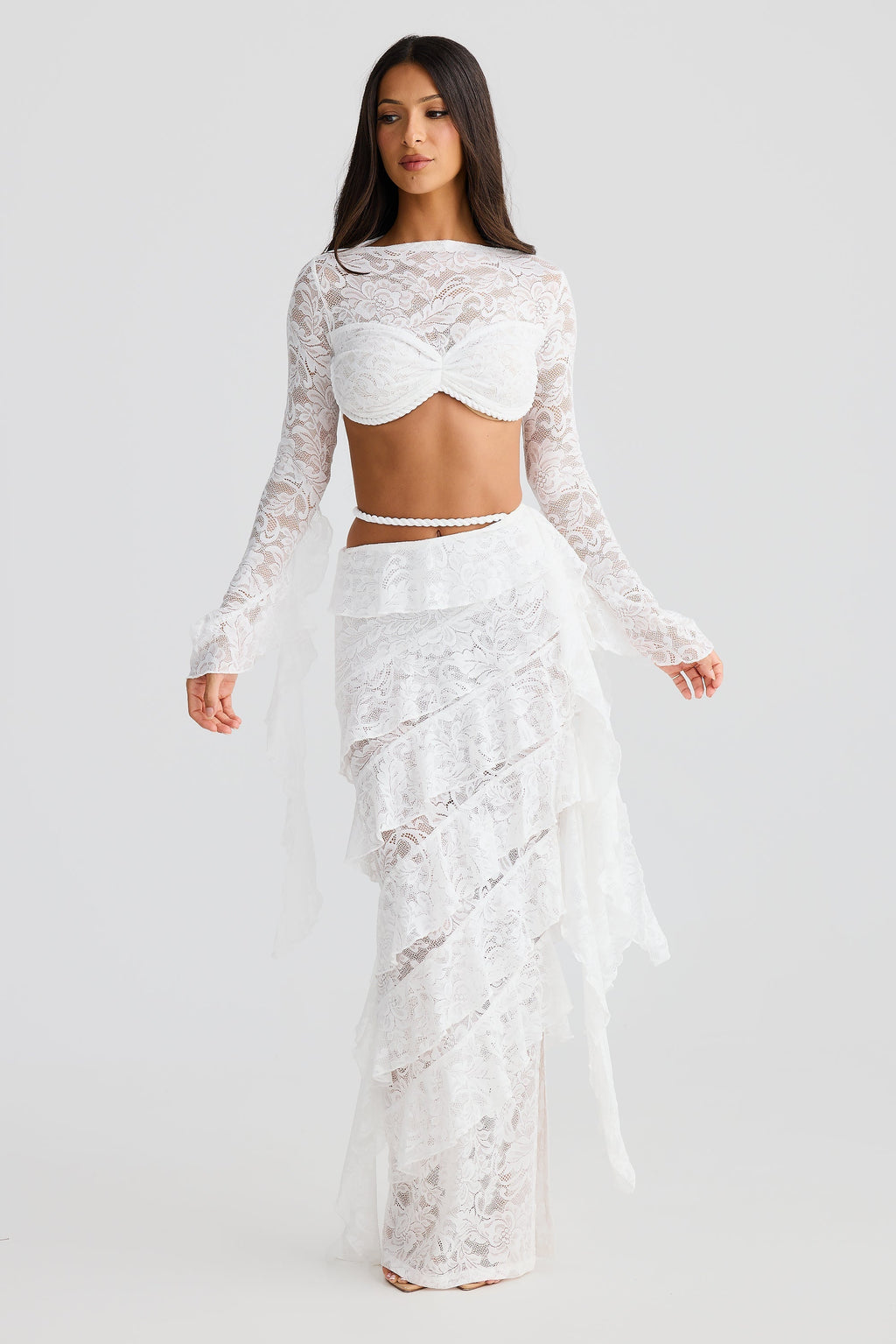Flowering Girl Women crafted rope crop top lace skirt set in white