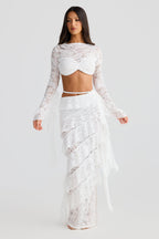Flowering Girl Women crafted rope crop top lace skirt set in white