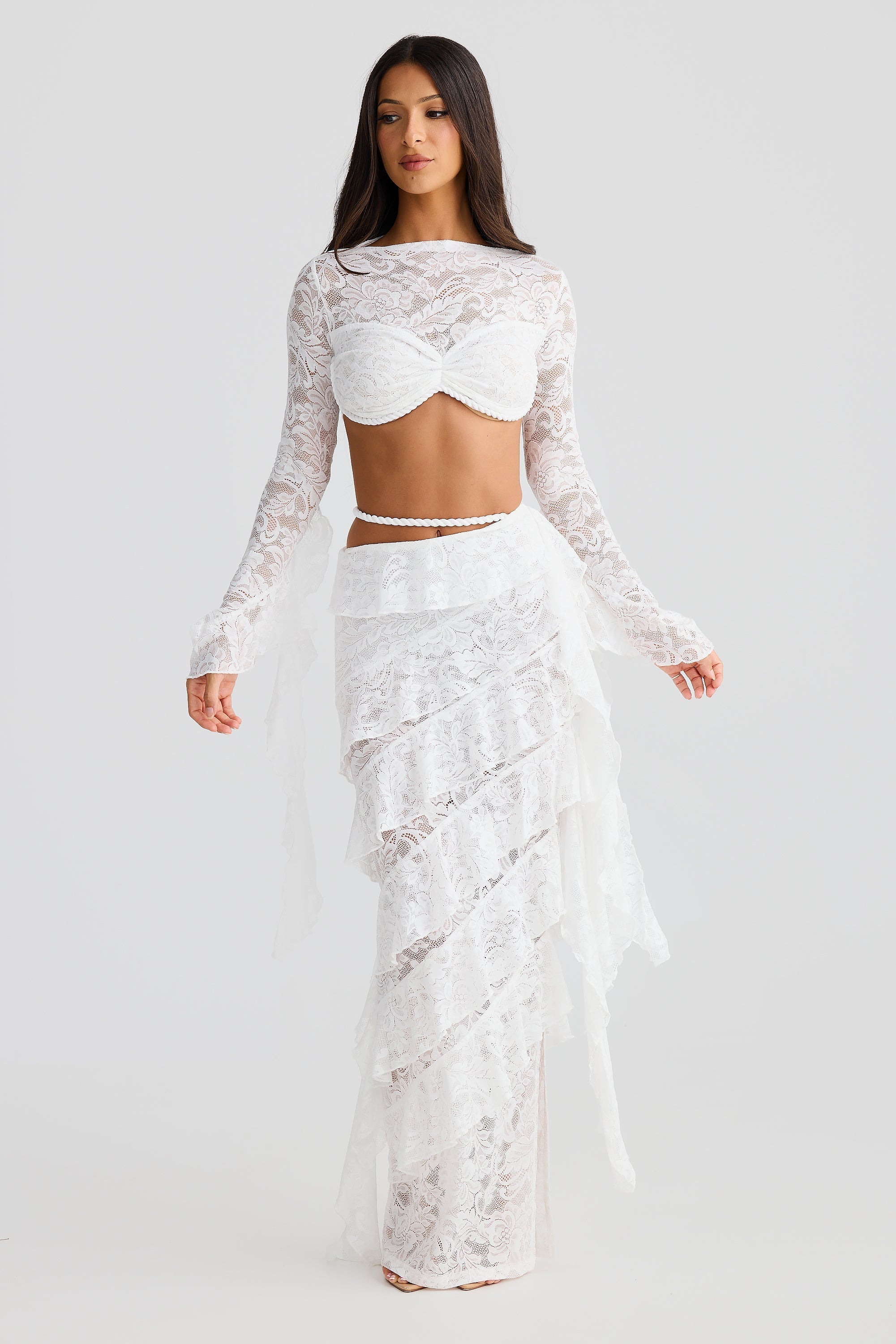 Flowering Girl Women crafted rope crop top lace skirt set in white