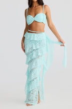 Flowering Girl Women crafted rope crop top lace skirt set in pale blue