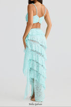 Flowering Girl Women crafted rope crop top lace skirt set in pale blue