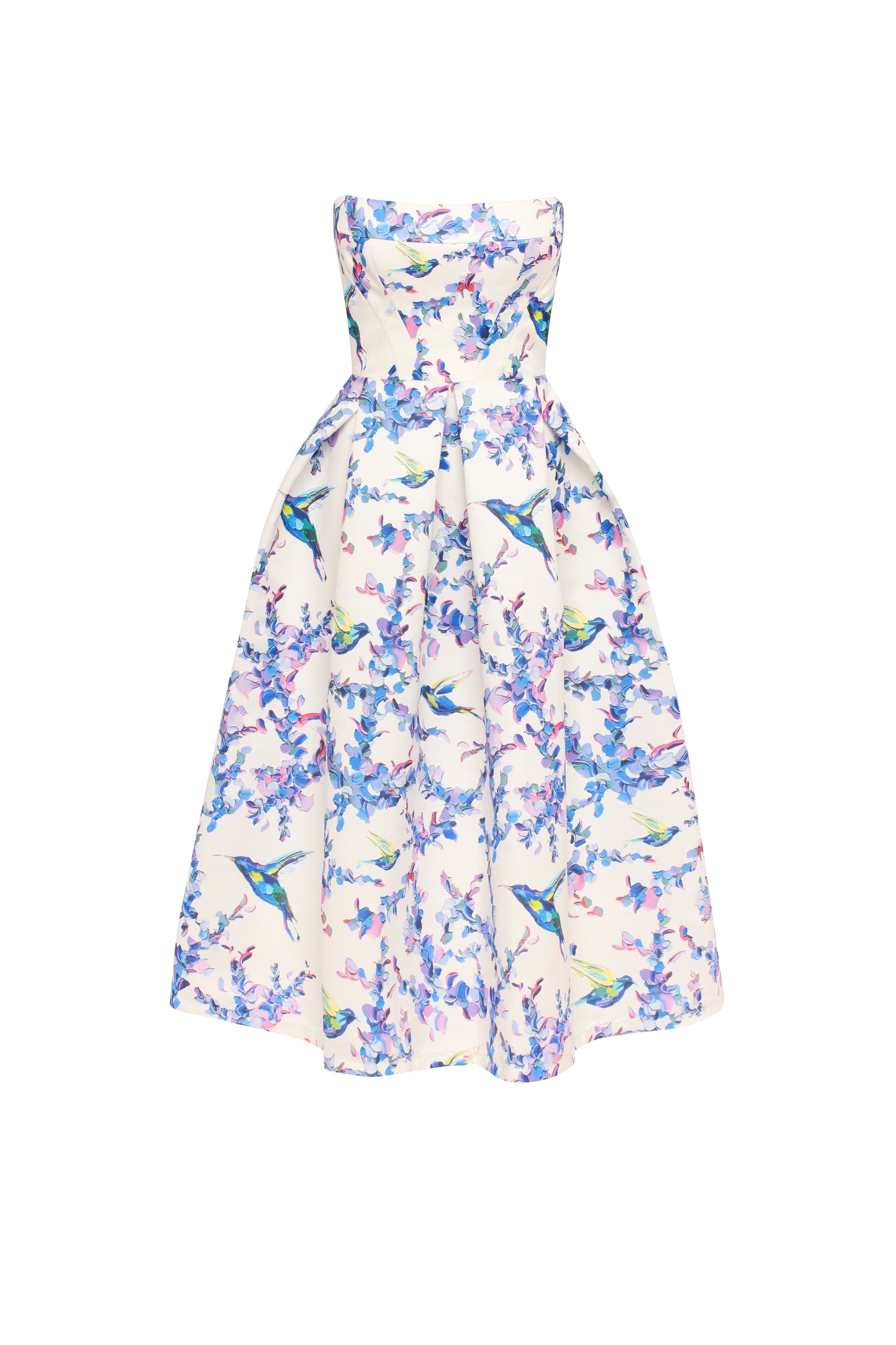 Strapless Midi Dress With Bird And Flower Print, Garden Of Eden