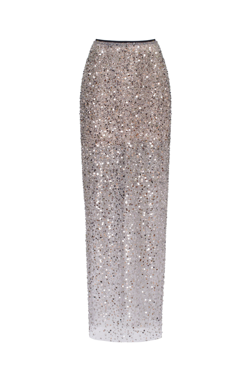 Showstopper Fully Sequined Silver Fitted Maxi Skirt, Midnight Walk