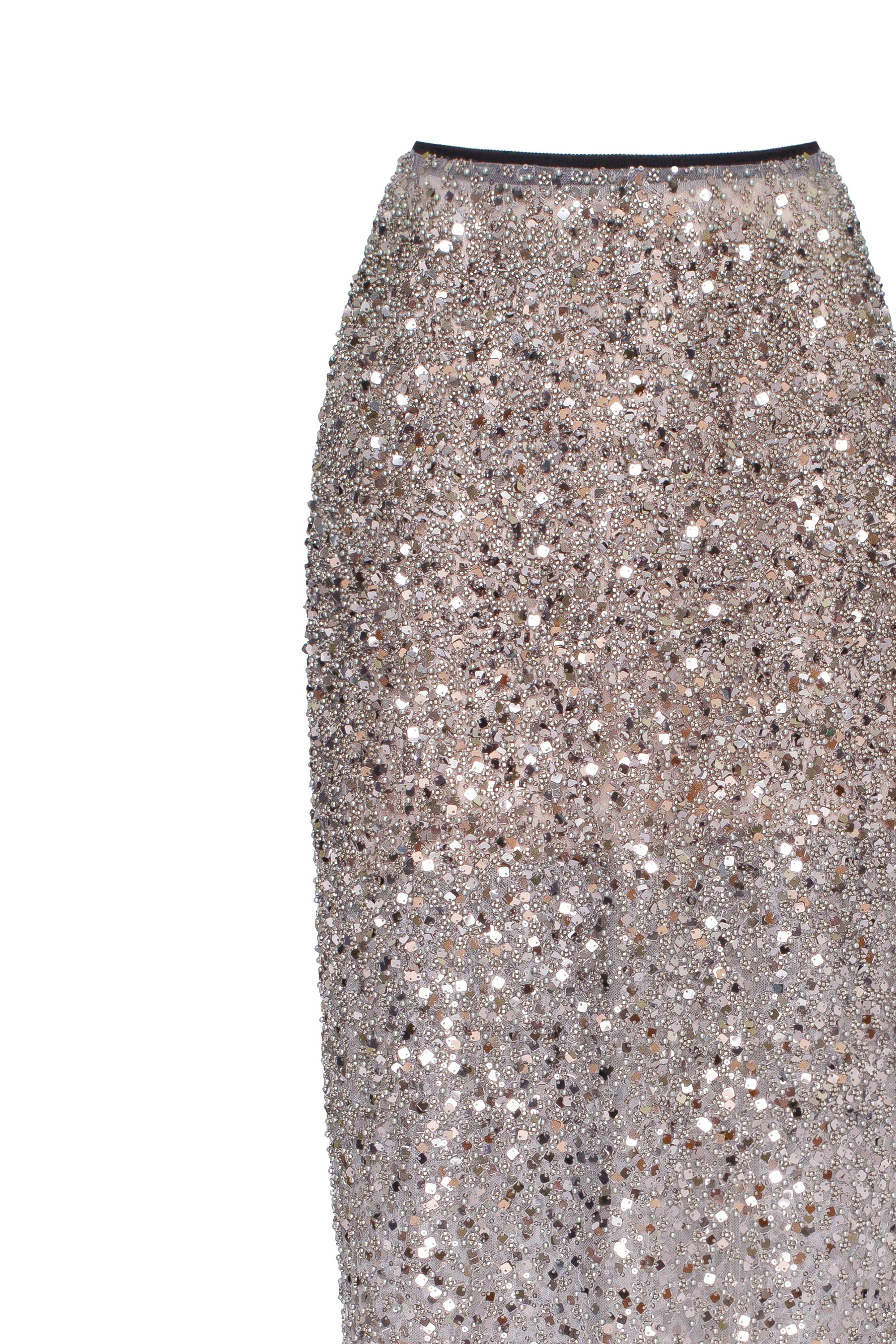 Showstopper Fully Sequined Silver Fitted Maxi Skirt, Midnight Walk