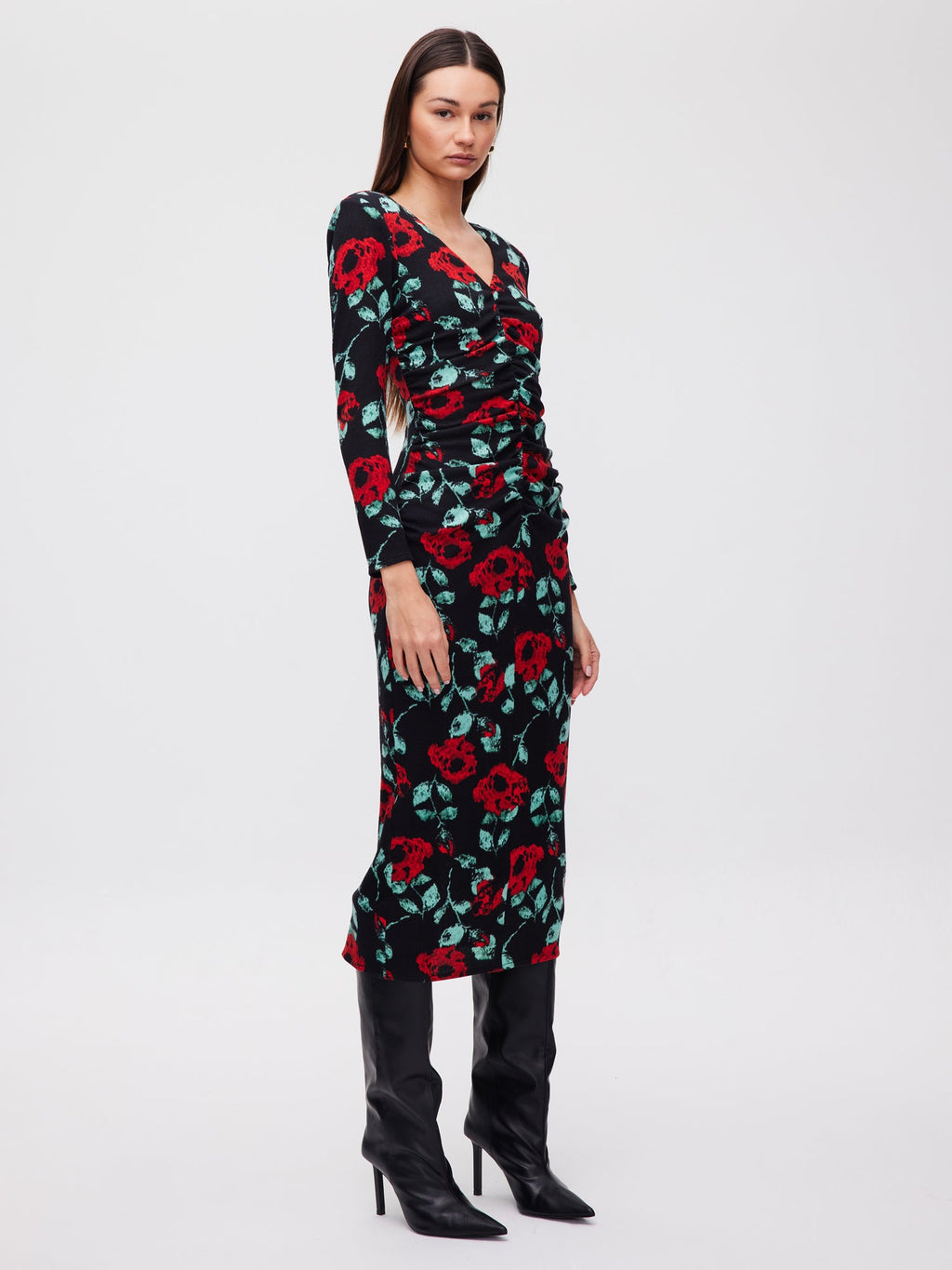 Flowering Girl Women Red Roses Knitted Midi Dress
