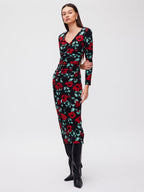 Flowering Girl Women Red Roses Knitted Midi Dress