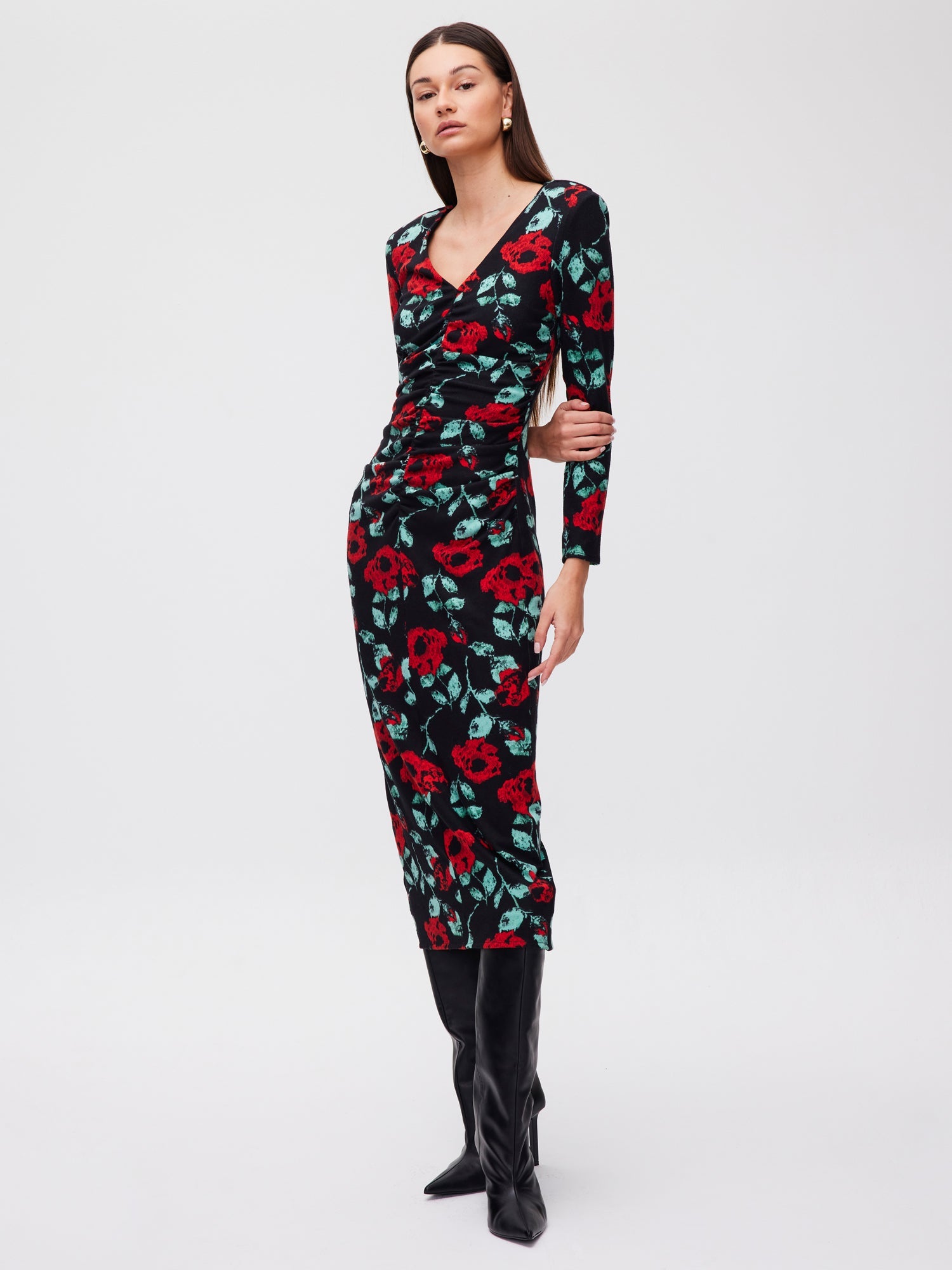 Flowering Girl Women Red Roses Knitted Midi Dress