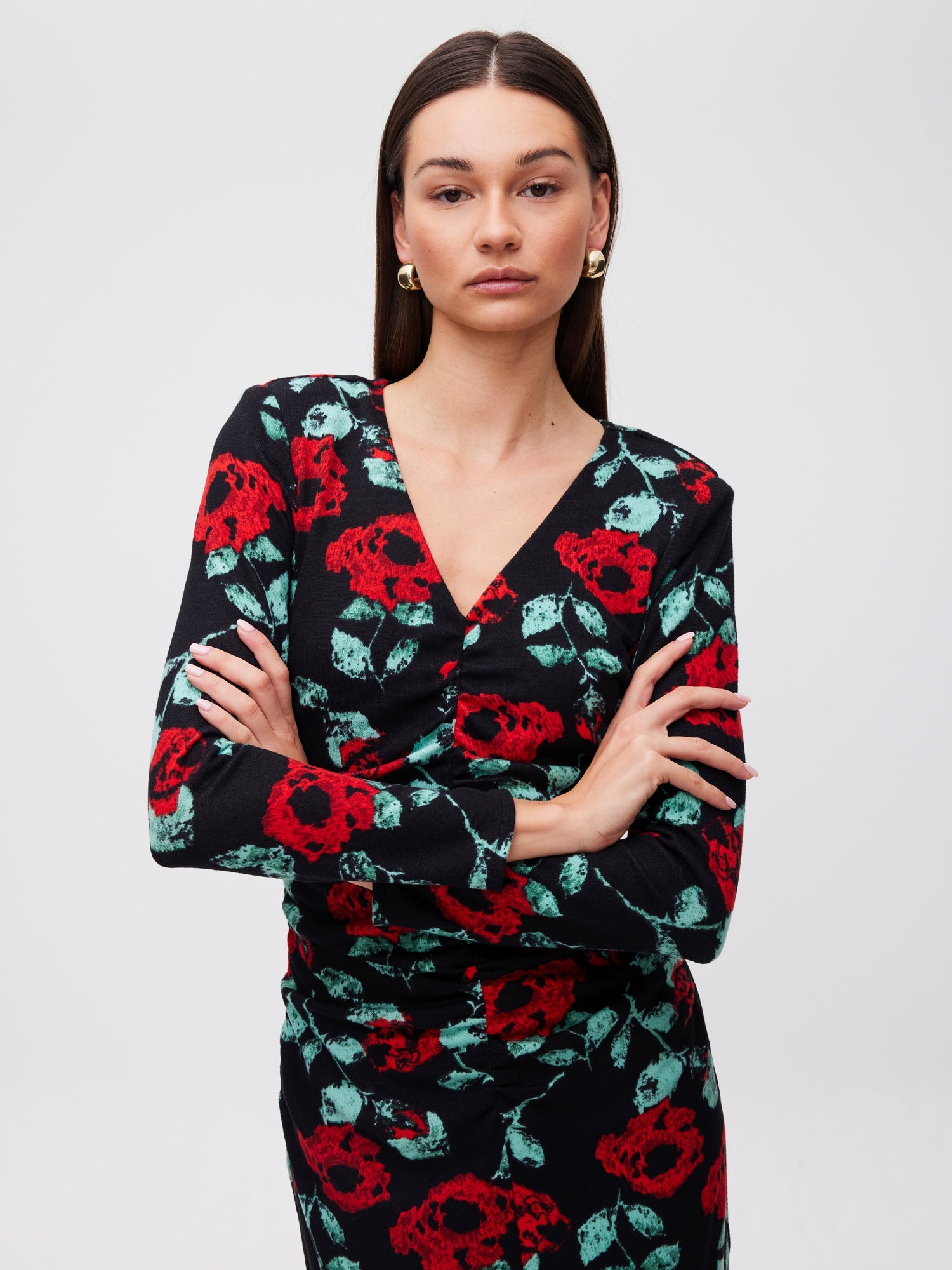 Flowering Girl Women Red Roses Knitted Midi Dress