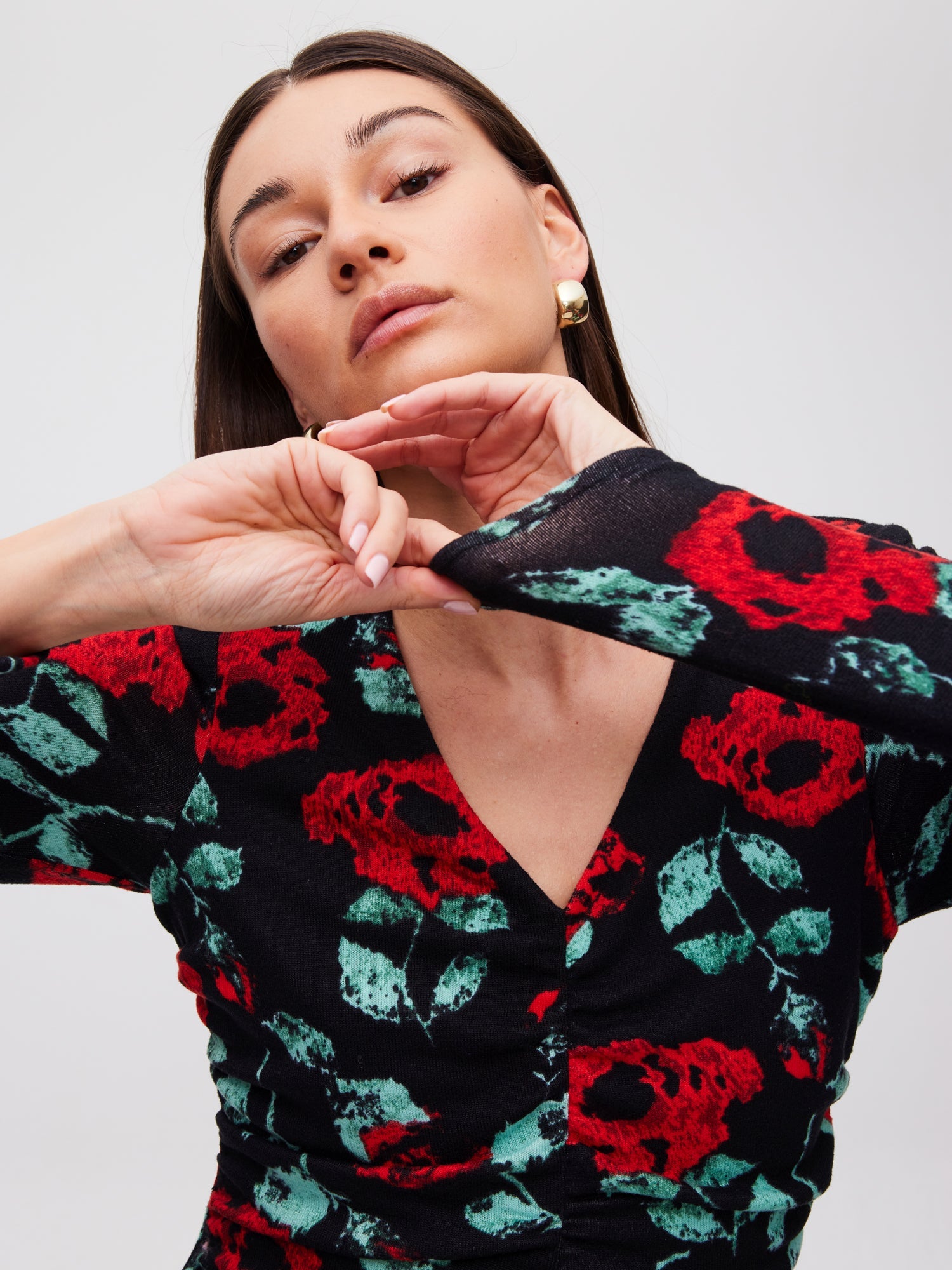 Flowering Girl Women Red Roses Knitted Midi Dress