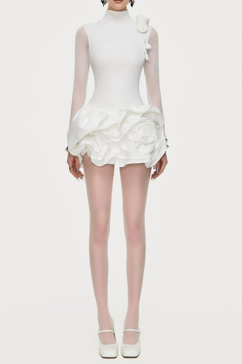 Flowering Girl Women 3d flower hem Mesh mini dress in white