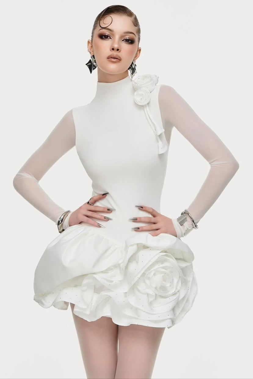 Flowering Girl Women 3d Flower Hem Mesh Mini Dress In White