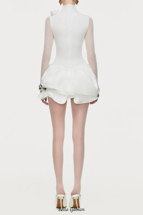 Flowering Girl Women 3d flower hem Mesh mini dress in white