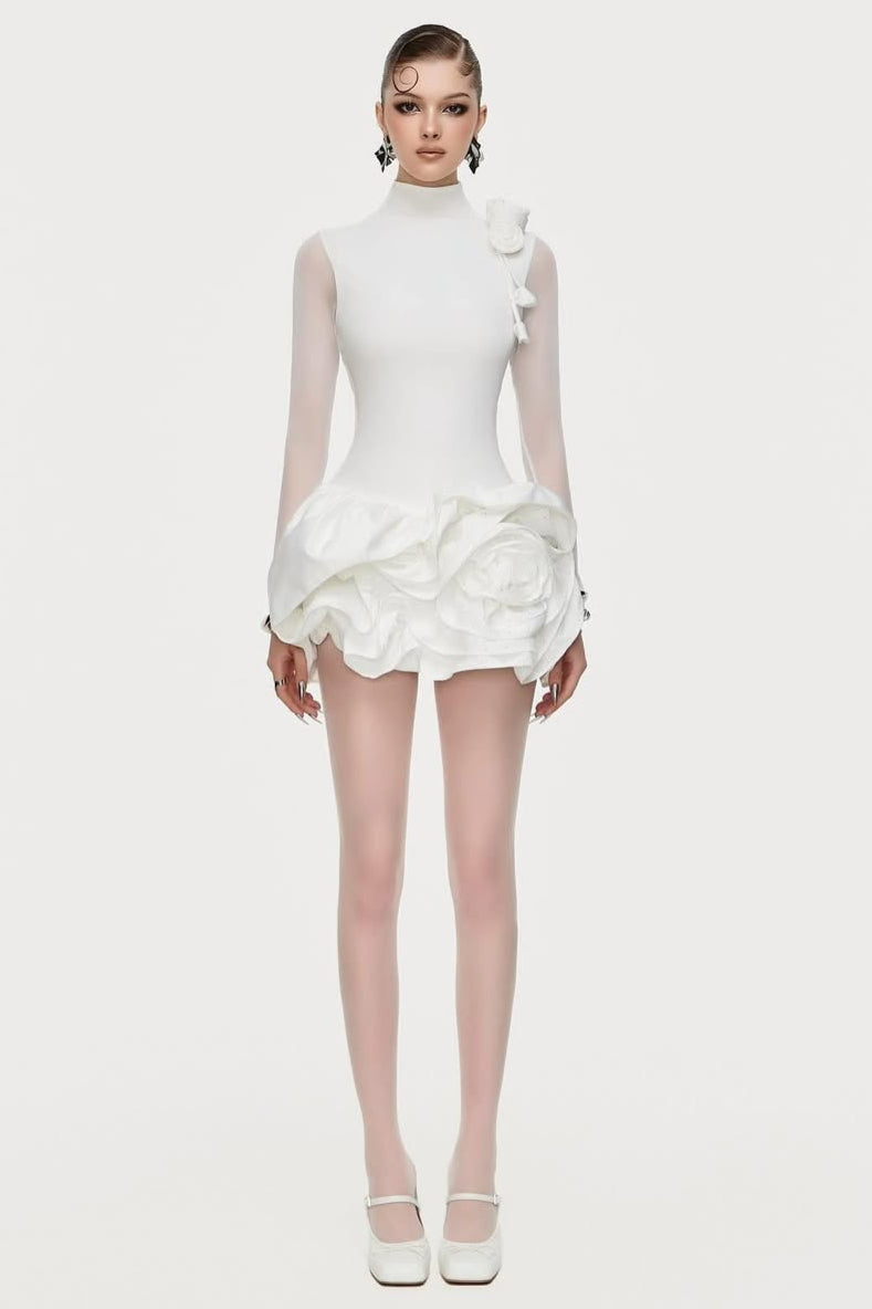 Flowering Girl Women 3d Flower Hem Mesh Mini Dress In White