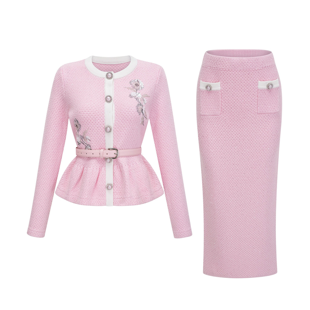 Shirley Sequined Knit Cardigan & Skirt Set - Pink