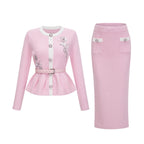Shirley Sequined Knit Cardigan & Skirt Set - Pink