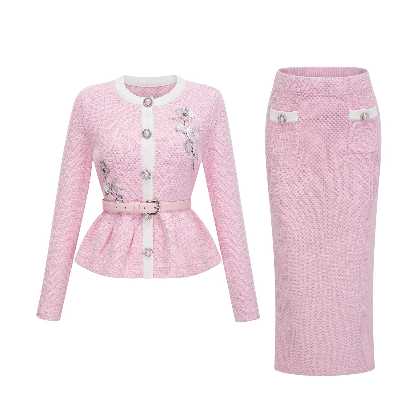 shirley Sequined Knit Cardigan & Skirt Set - pink