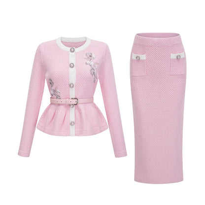 shirley Sequined Knit Cardigan & Skirt Set - pink