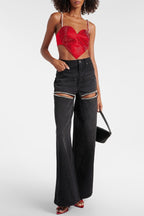 Flowering Girl Women Maeia Rhinestone Cutout Jeans - Black