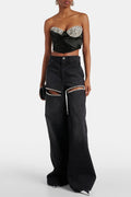 Flowering Girl Women Maeia Rhinestone Cutout Jeans - Black