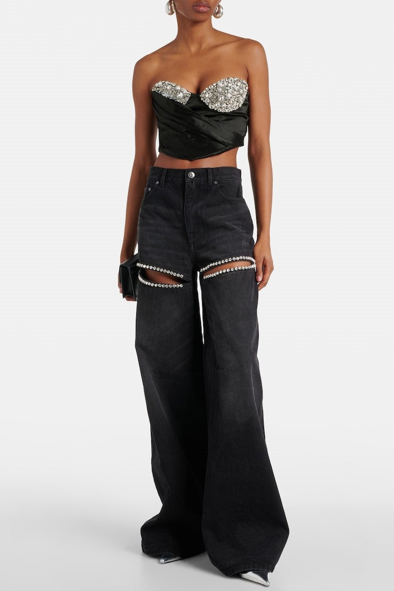Flowering Girl Women Maeia Rhinestone Cutout Jeans - Black